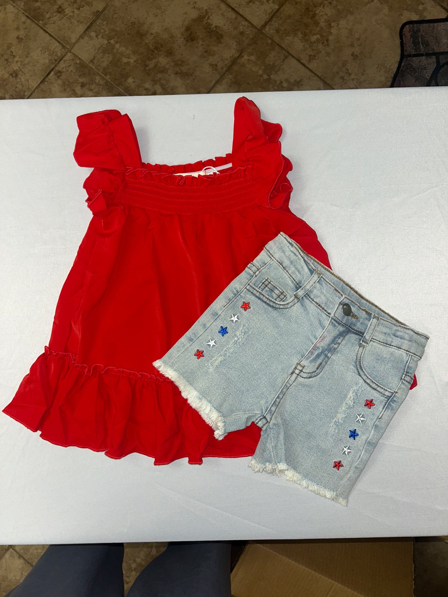 Embroidered Stars Ruffle Denim Shorts