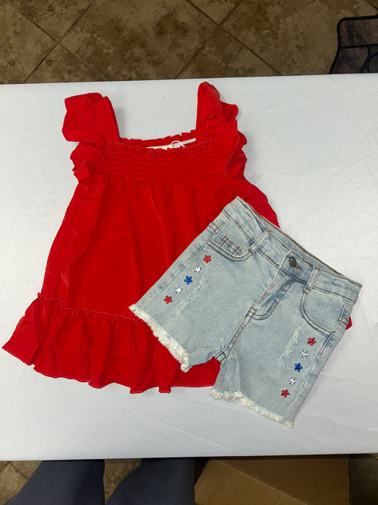 Embroidered Stars Ruffle Denim Shorts
