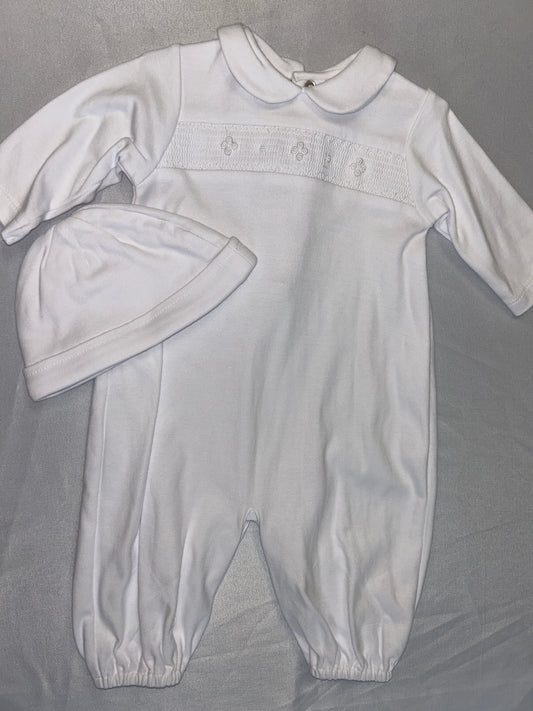White Smocked Longall + Bonnet Set