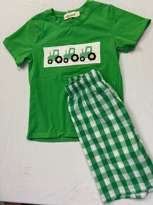 Boys Tractor Shirt + Green Gingham Shorts Set