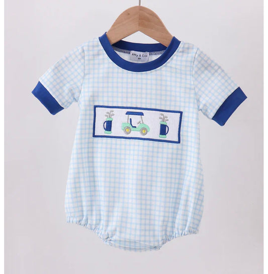 Boys Blue Golf Cart Smocked Bubble