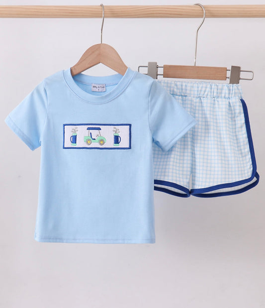 Blue Golf Cart Smocked Shorts Set