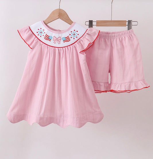 Abby& Evie Pink Fireworks Smock Short Set
